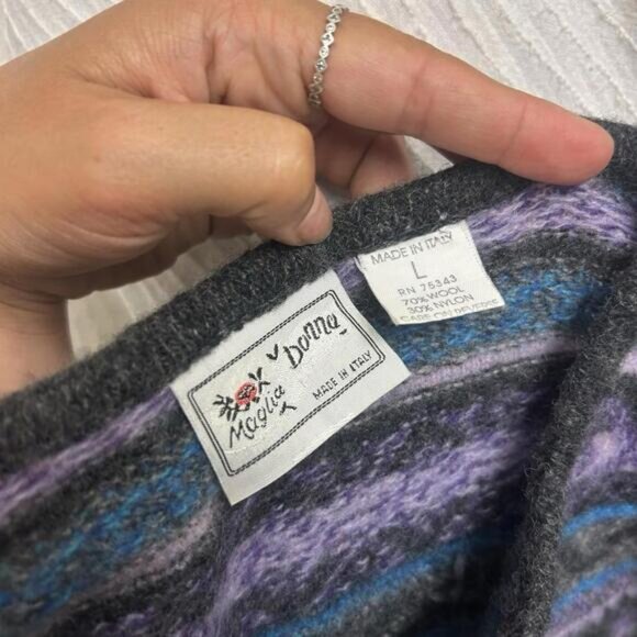 Vintage Maglia Donna Wool Blend Sweater L Italy Gray Purple Blue Striped Boho - Picture 8 of 8